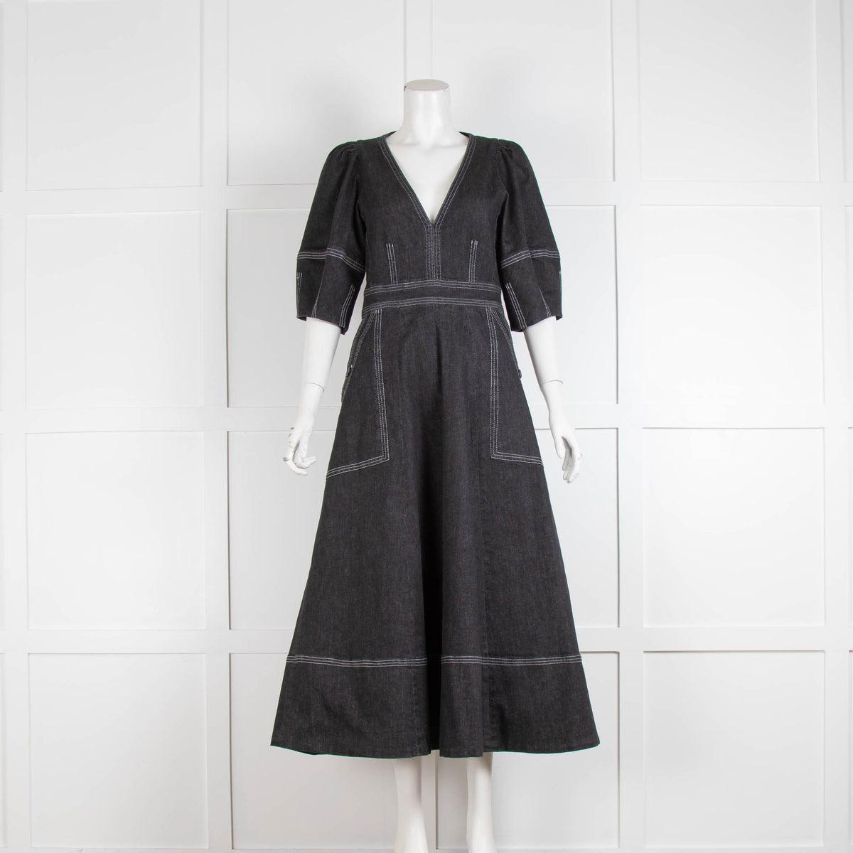 Wiggy Kit Black Denim V Neck Short Sleeve A Line Dress