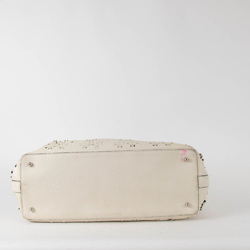 Ermanno Scervinno Off White Lazer Cut Leather Tote Bag