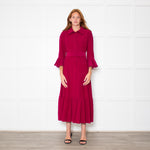 Belulah Dark Pink Corduroy Tailored Bodice Long Dress