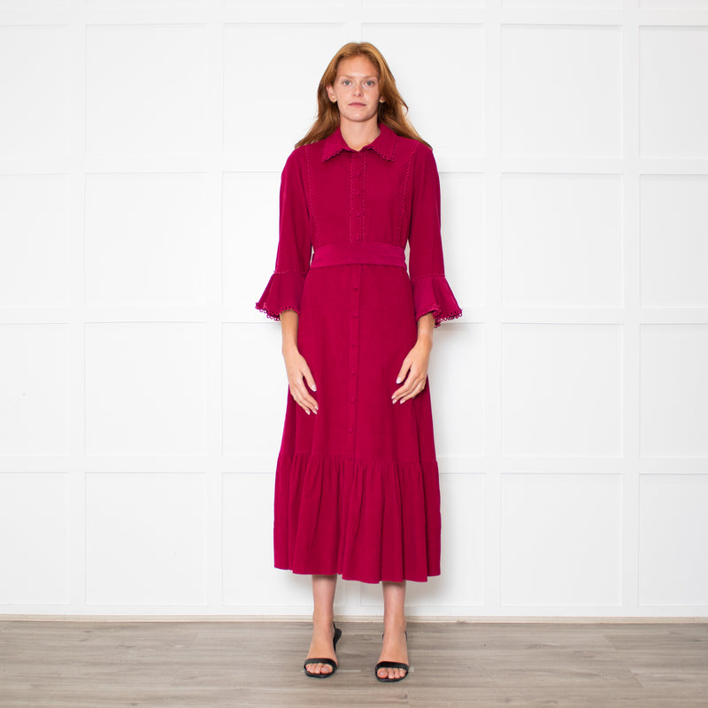 Belulah Dark Pink Corduroy Tailored Bodice Long Dress