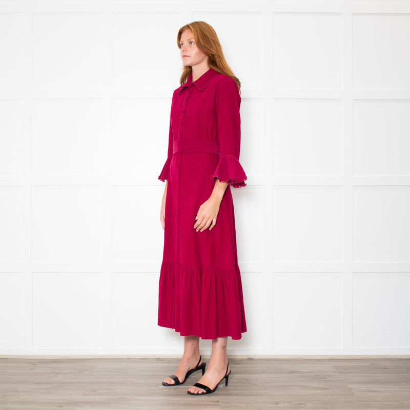 Belulah Dark Pink Corduroy Tailored Bodice Long Dress