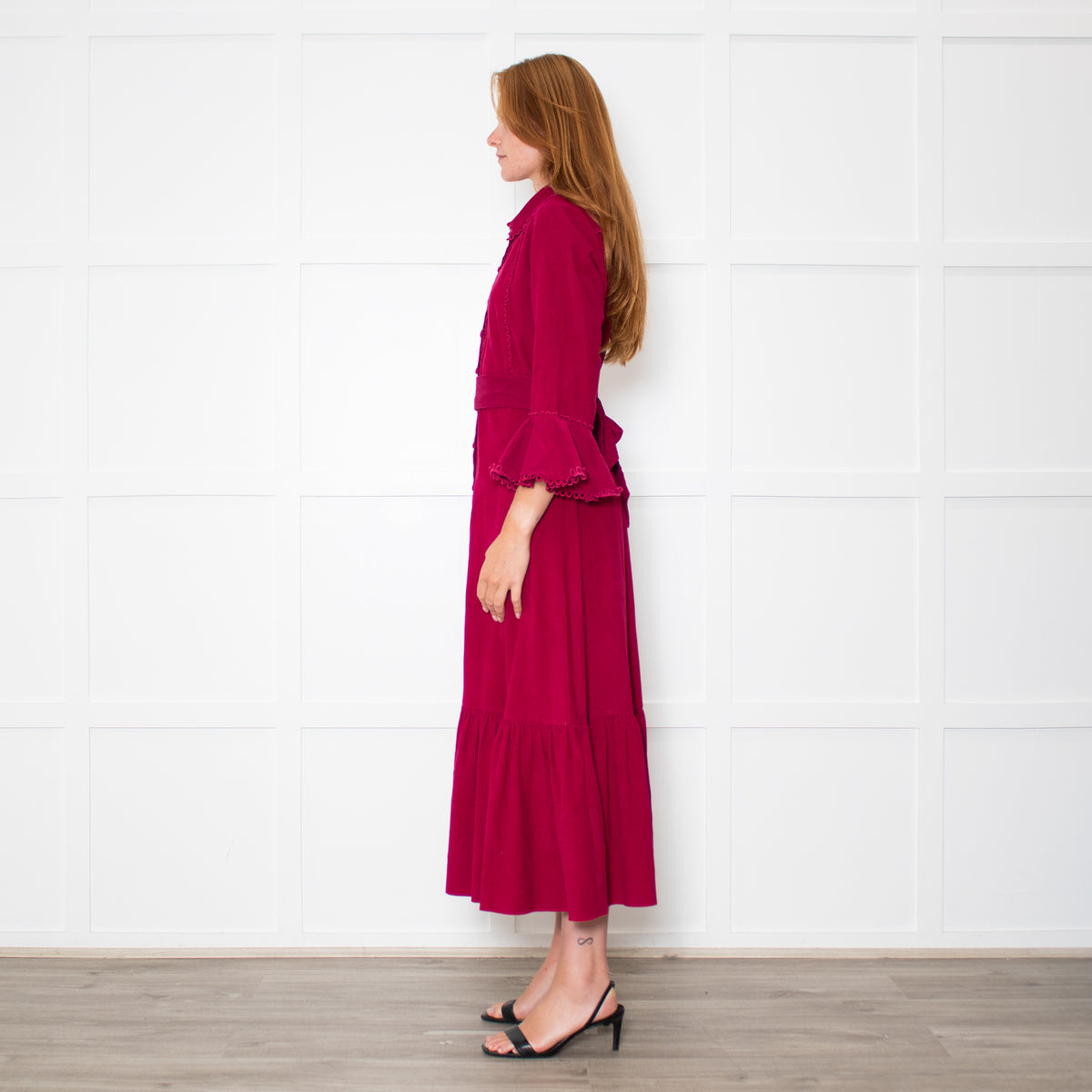 Belulah Dark Pink Corduroy Tailored Bodice Long Dress
