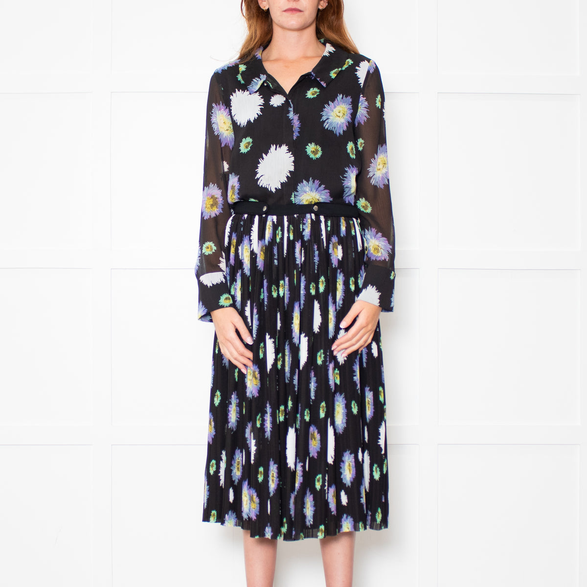 Kenzo Black Cream Lilac Green Fine Pleated Midi Dress