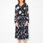 Kenzo Black Cream Lilac Green Fine Pleated Midi Dress