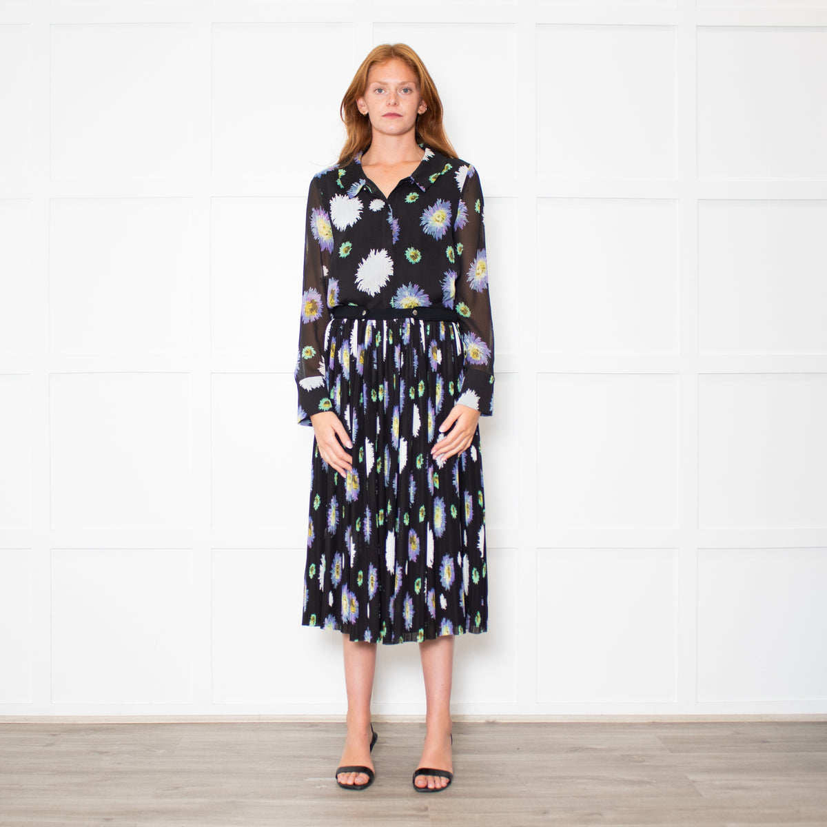 Kenzo Black Cream Lilac Green Fine Pleated Midi Dress