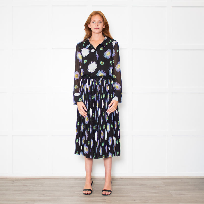 Kenzo Black Cream Lilac Green Fine Pleated Midi Dress