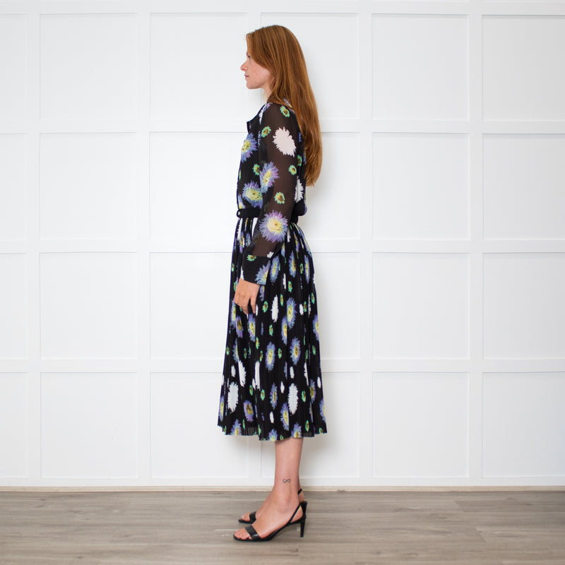 Kenzo Black Cream Lilac Green Fine Pleated Midi Dress