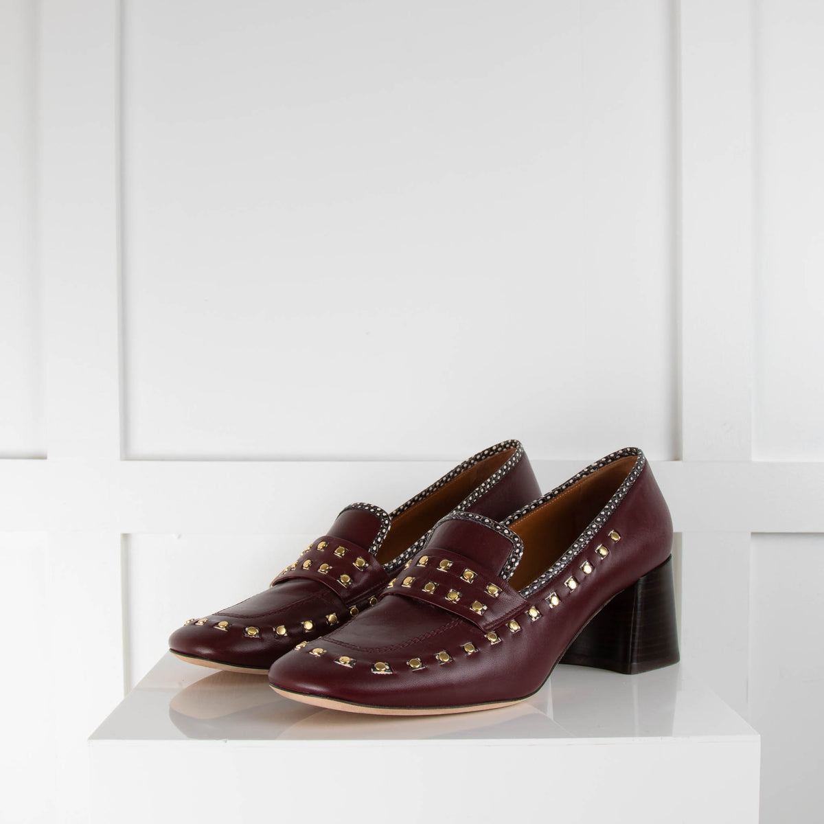 Tory Burch Burgundy Gold Studs Square Heel Shoes