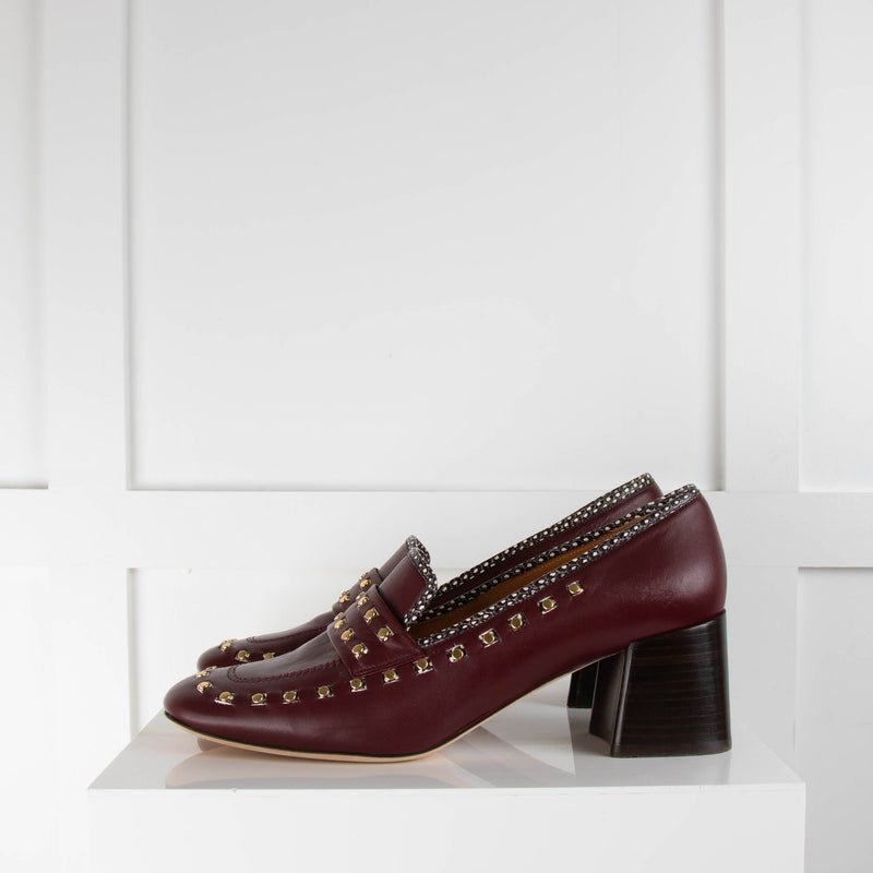Tory Burch Burgundy Gold Studs Square Heel Shoes