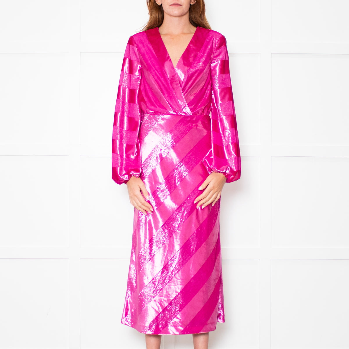 Rebecca Vallance Magenta Pink Velvet Striped V-Neck Dress