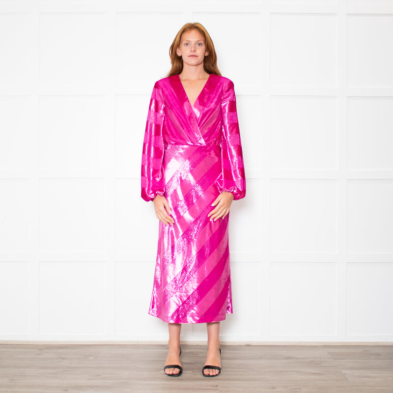 Rebecca Vallance Magenta Pink Velvet Striped V-Neck Dress