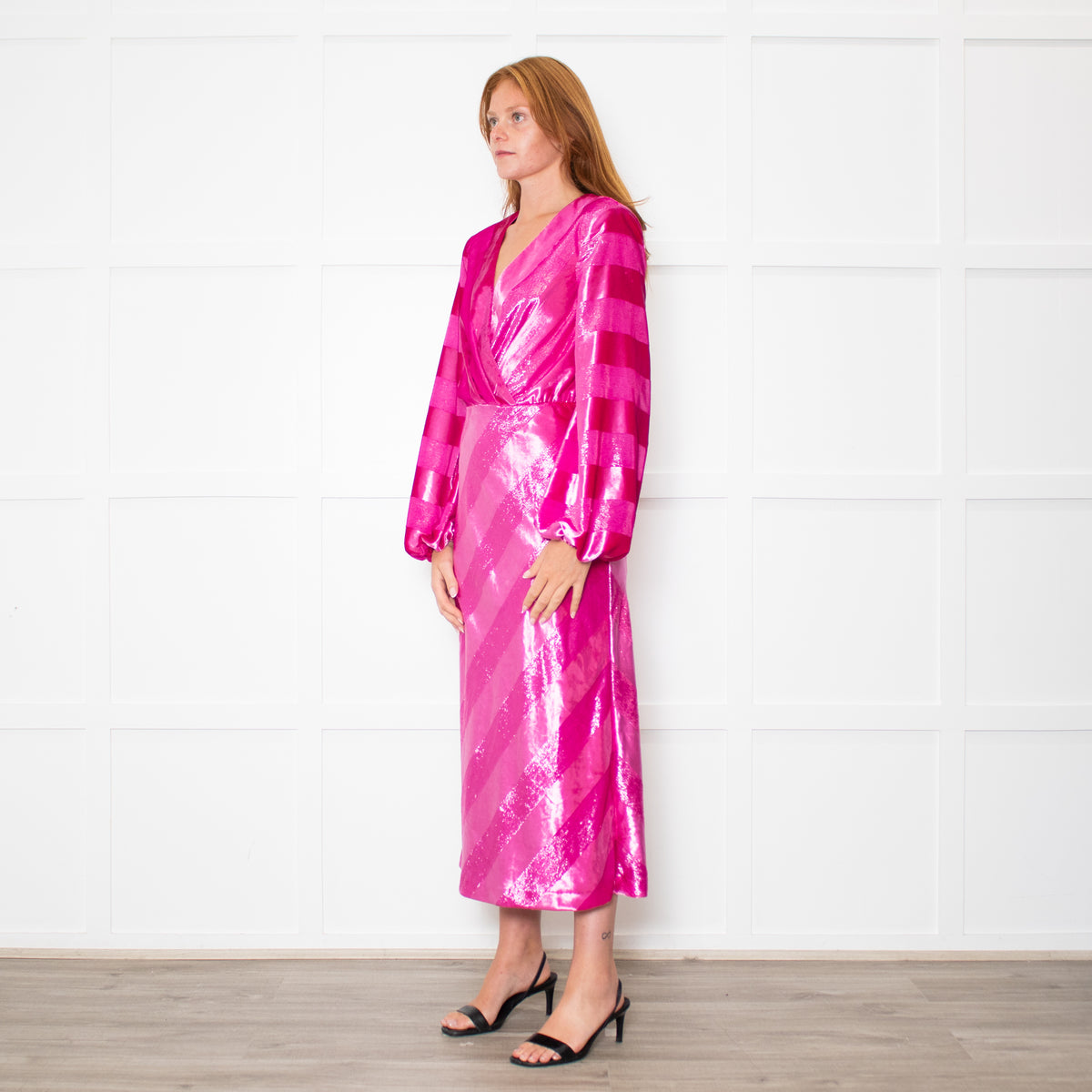 Rebecca Vallance Magenta Pink Velvet Striped V-Neck Dress