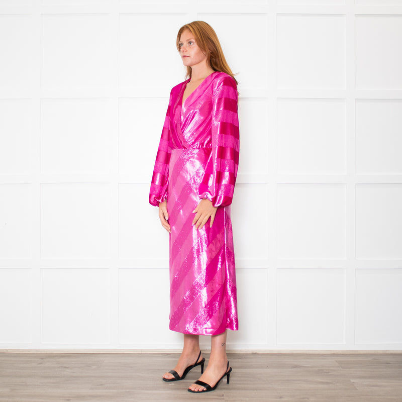 Rebecca Vallance Magenta Pink Velvet Striped V-Neck Dress