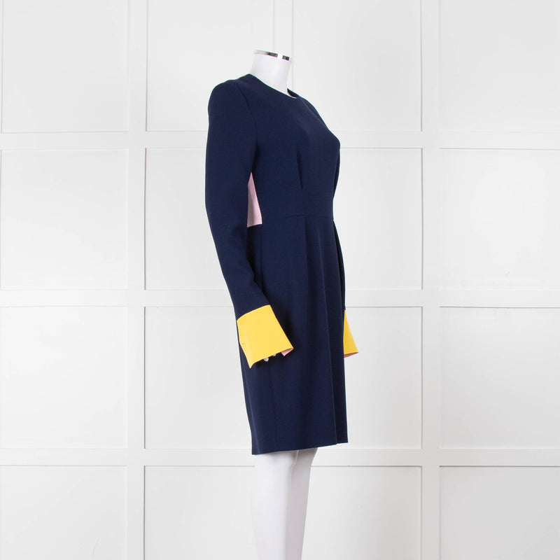 Roksanda Navy With Yellow Cuff And Block Pink Back Midi Dress
