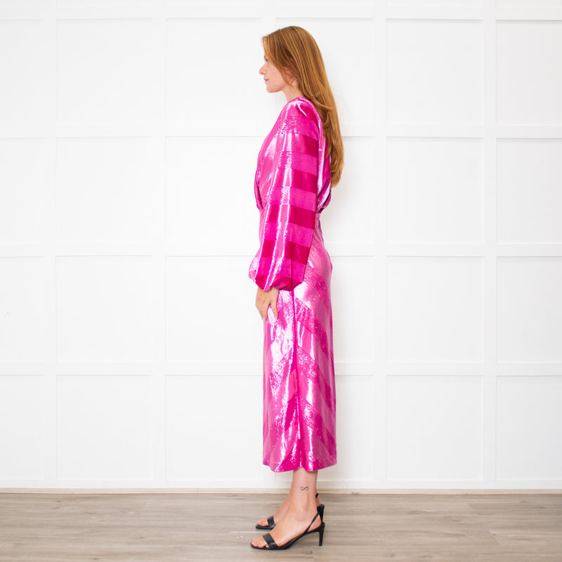 Rebecca Vallance Magenta Pink Velvet Striped V-Neck Dress