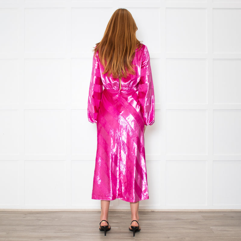 Rebecca Vallance Magenta Pink Velvet Striped V-Neck Dress