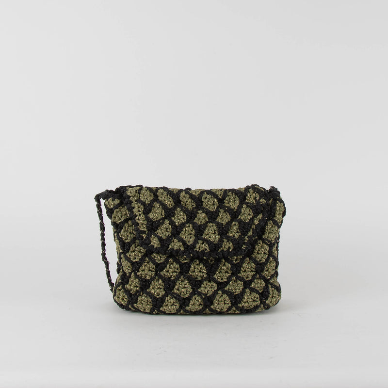 Maria La Rosa Black Khaki Crochet Crossbody Bag