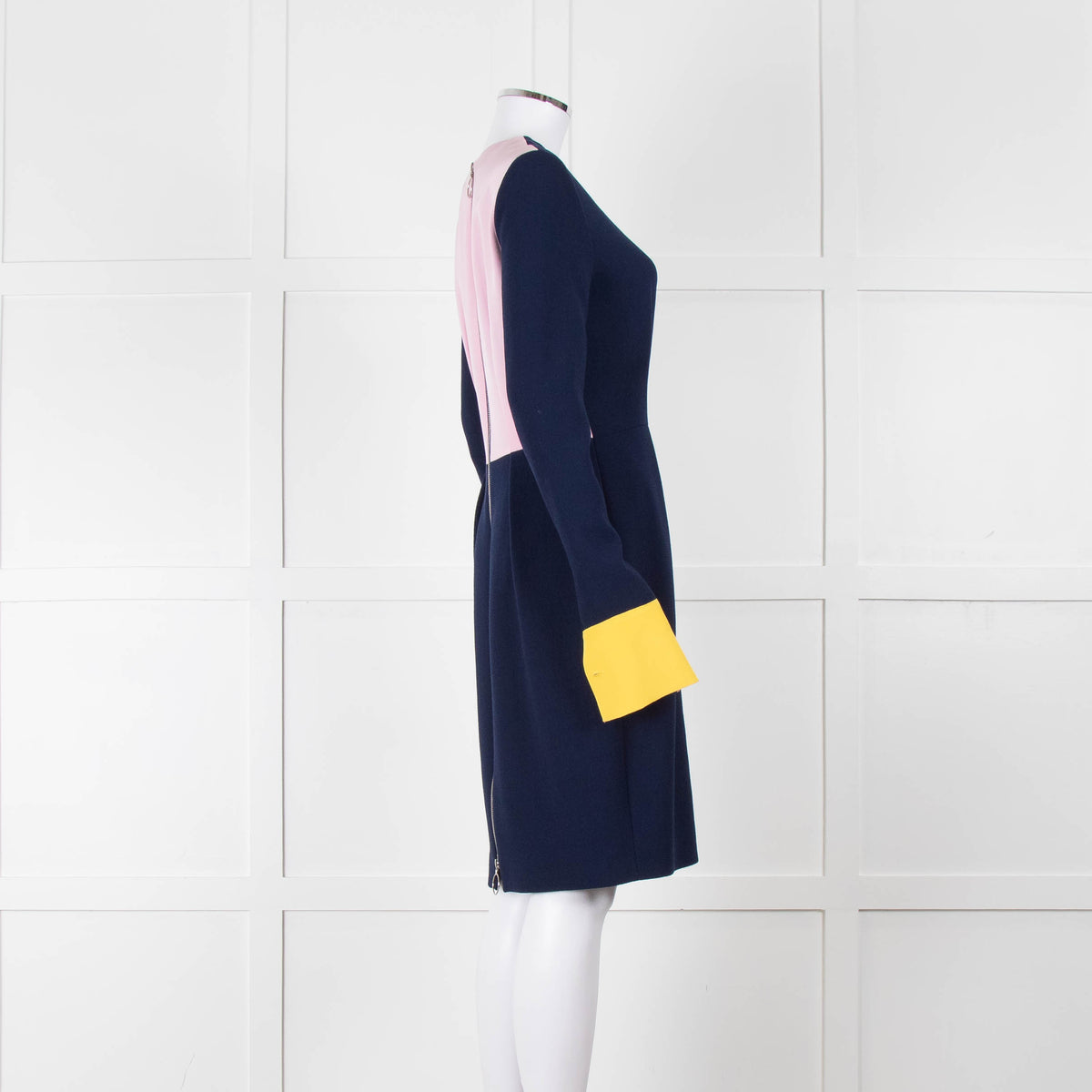 Roksanda Navy With Yellow Cuff And Block Pink Back Midi Dress