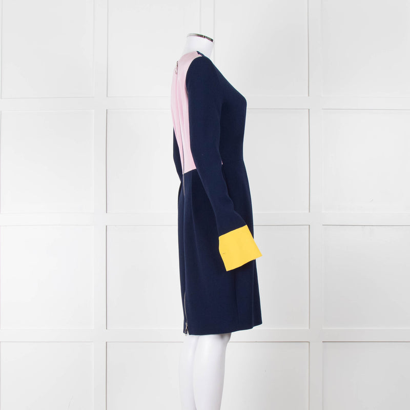 Roksanda Navy With Yellow Cuff And Block Pink Back Midi Dress