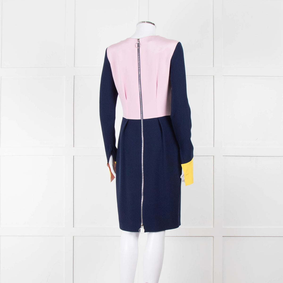 Roksanda Navy With Yellow Cuff And Block Pink Back Midi Dress