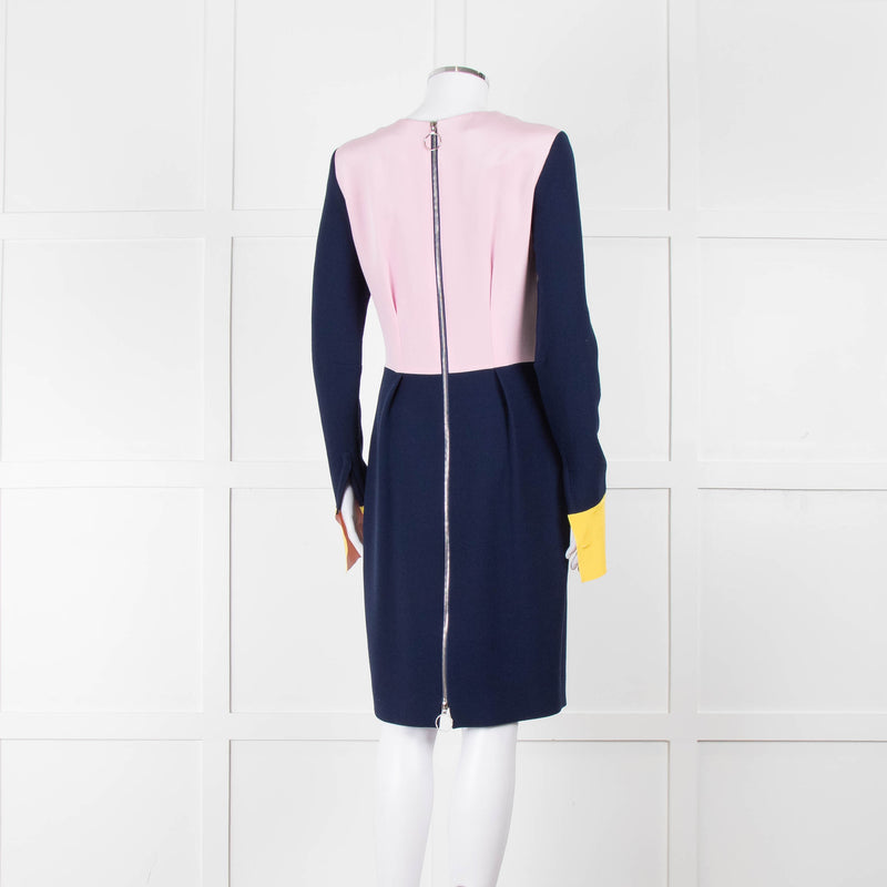 Roksanda Navy With Yellow Cuff And Block Pink Back Midi Dress