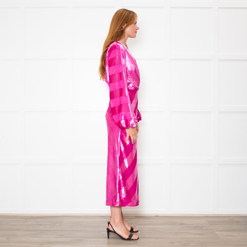 Rebecca Vallance Magenta Pink Velvet Striped V-Neck Dress