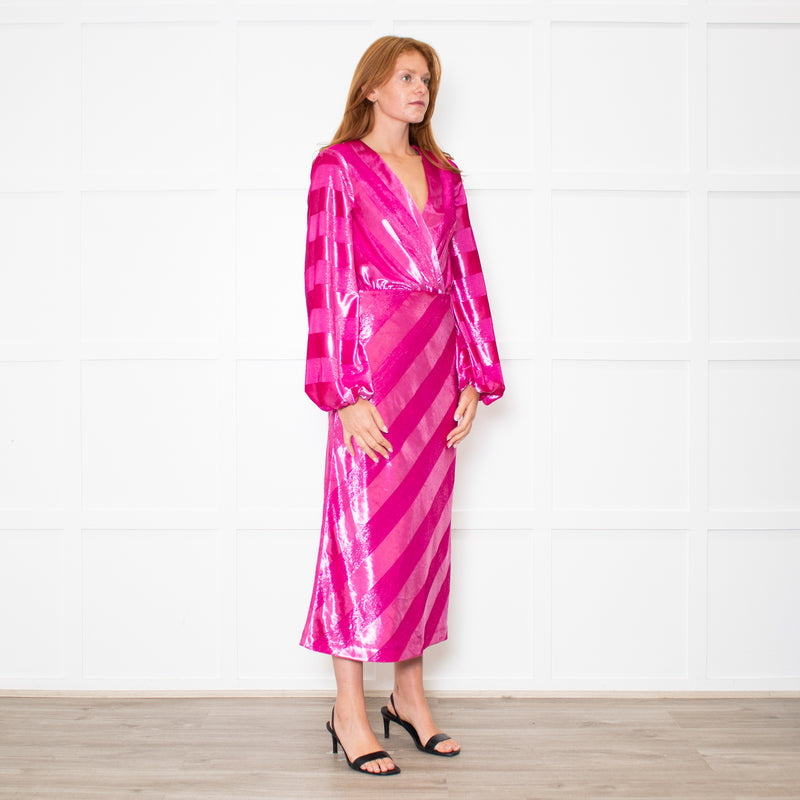 Rebecca Vallance Magenta Pink Velvet Striped V-Neck Dress