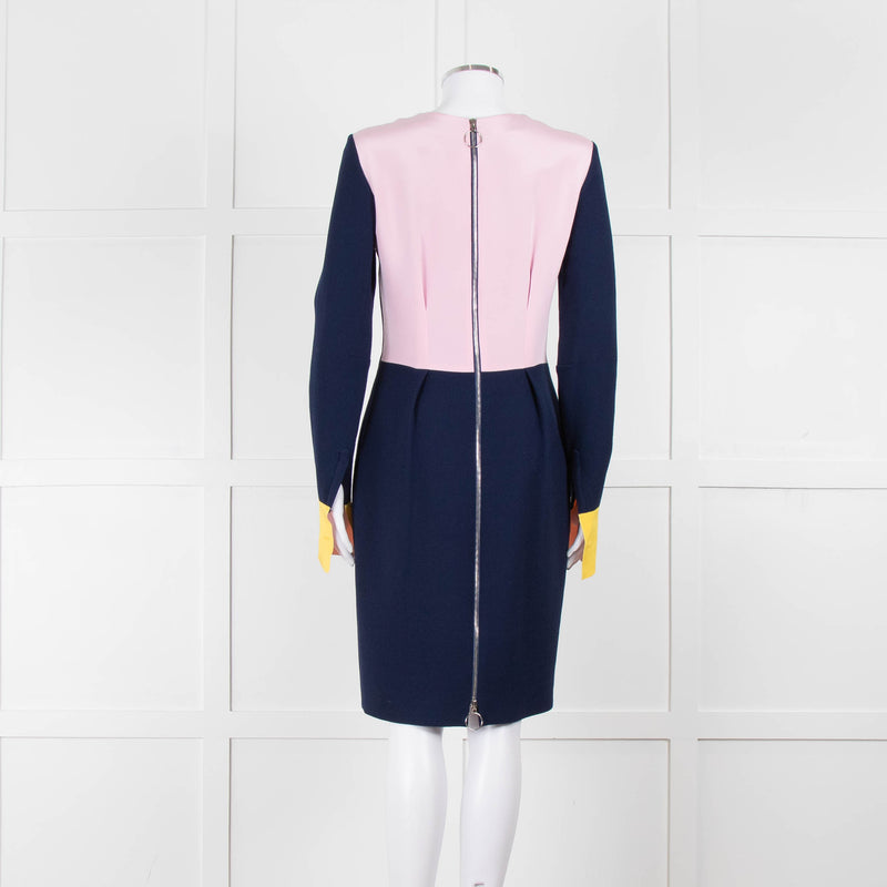 Roksanda Navy With Yellow Cuff And Block Pink Back Midi Dress