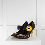 Prada Black Satin Embellished Gold Crystal Heel Shoes