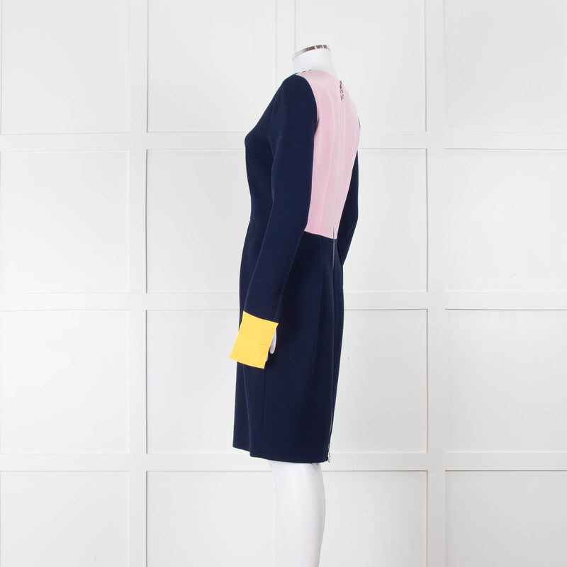 Roksanda Navy With Yellow Cuff And Block Pink Back Midi Dress
