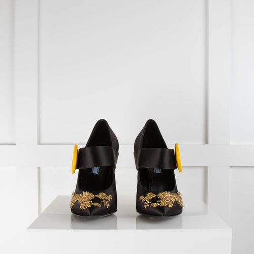 Prada Black Satin Embellished Gold Crystal Heel Shoes