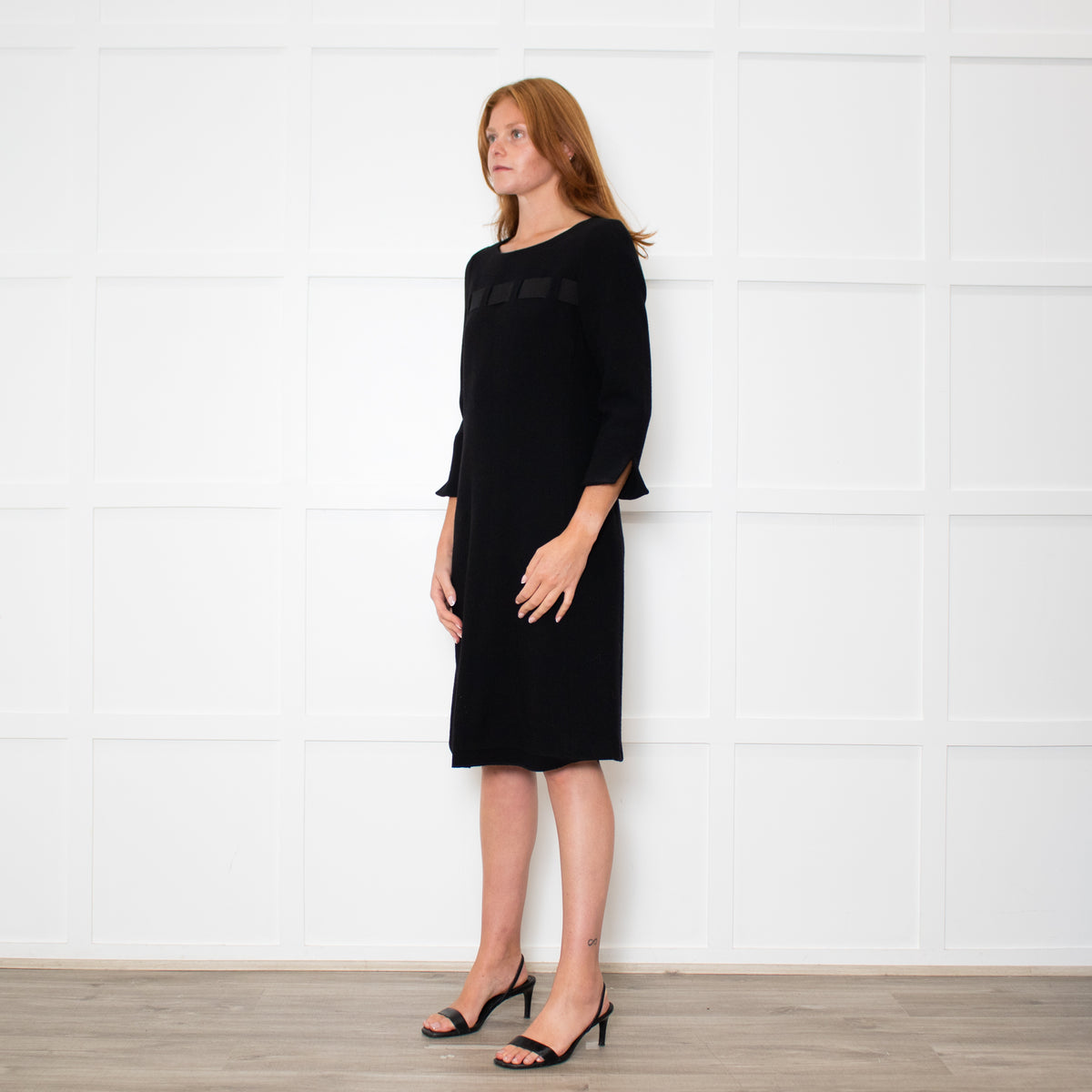 Weill Black 3/4 Sleeve Ribbon Detail Dress