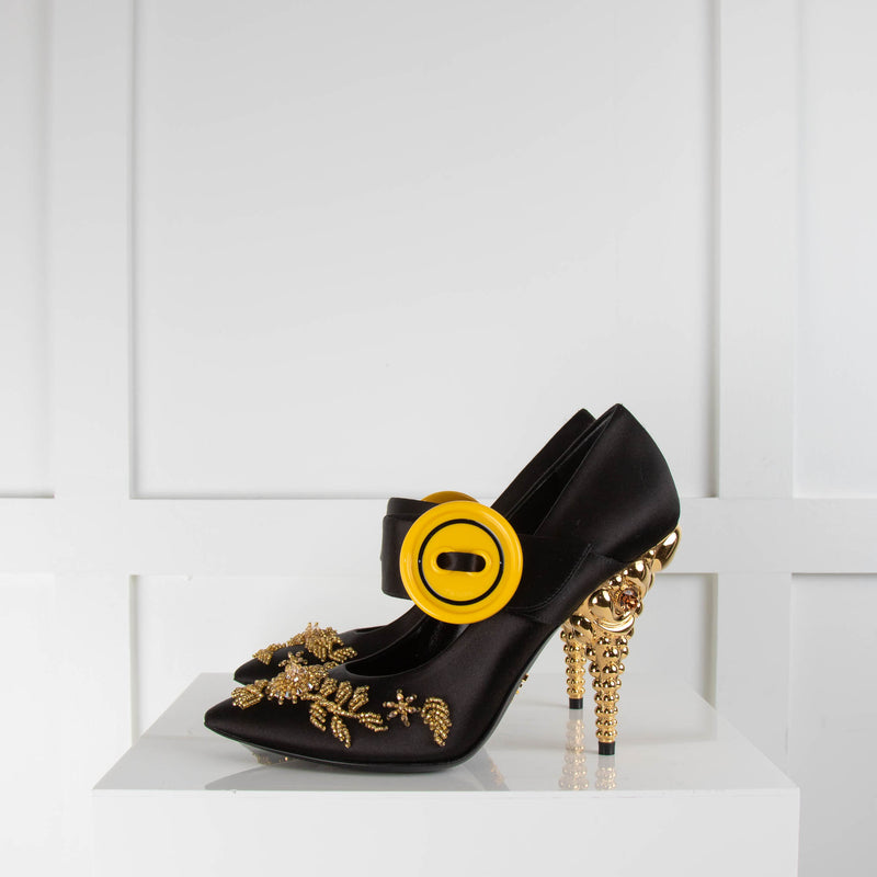 Prada Black Satin Embellished Gold Crystal Heel Shoes – Phoenix Style