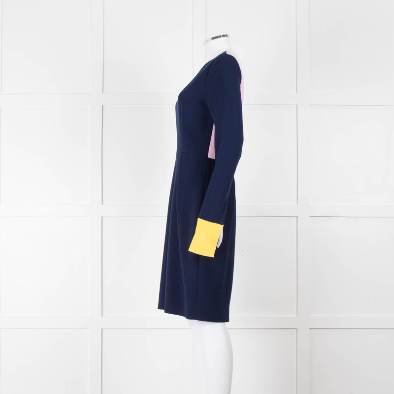 Roksanda Navy With Yellow Cuff And Block Pink Back Midi Dress