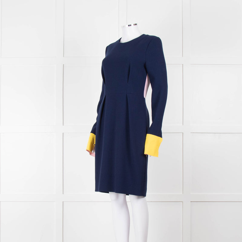 Roksanda Navy With Yellow Cuff And Block Pink Back Midi Dress