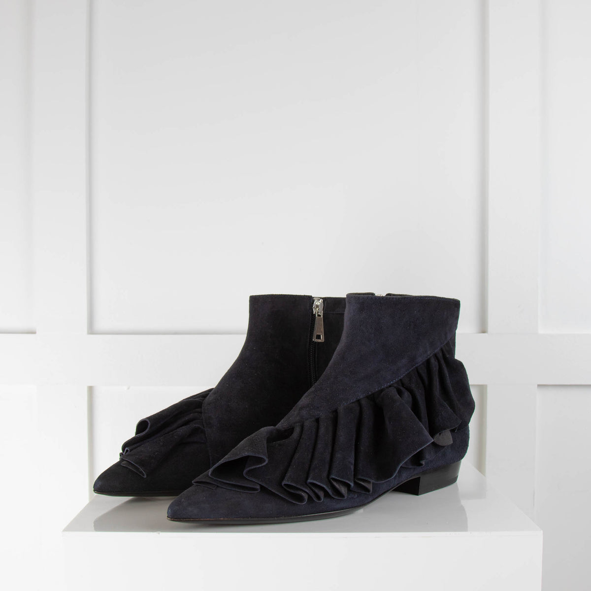 J.W. Anderson Navy Suede Frilled Ankle Boots