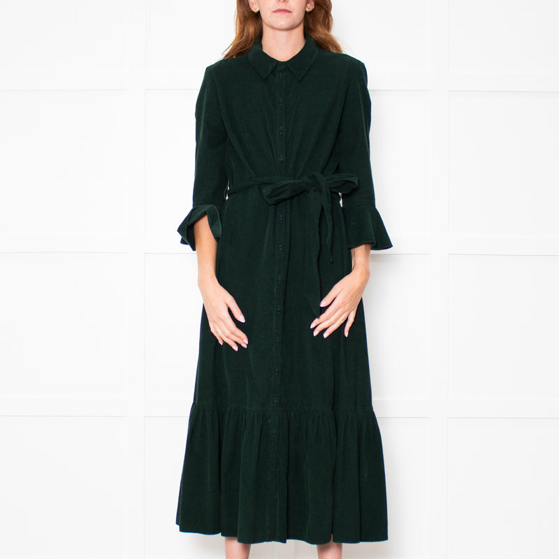 Beulah Bottle Green Corduroy Buttoned Up Belted Long Dress