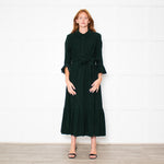 Beulah Bottle Green Corduroy Buttoned Up Belted Long Dress