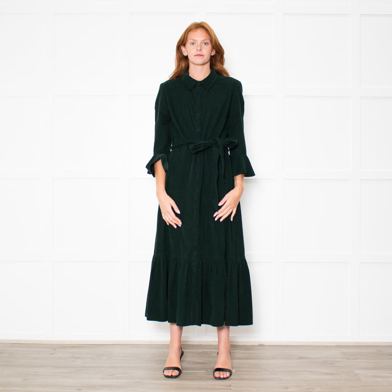 Beulah Bottle Green Corduroy Buttoned Up Belted Long Dress