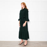 Beulah Bottle Green Corduroy Buttoned Up Belted Long Dress