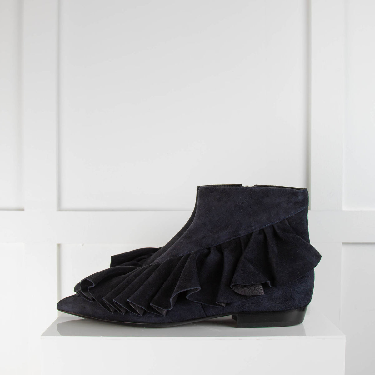 J.W. Anderson Navy Suede Frilled Ankle Boots