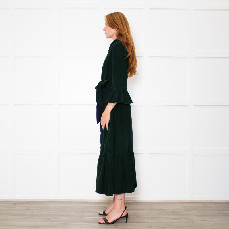 Beulah Bottle Green Corduroy Buttoned Up Belted Long Dress