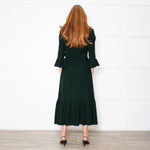 Beulah Bottle Green Corduroy Buttoned Up Belted Long Dress