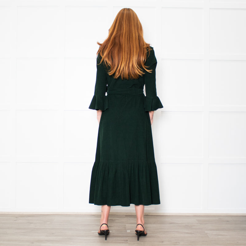 Beulah Bottle Green Corduroy Buttoned Up Belted Long Dress