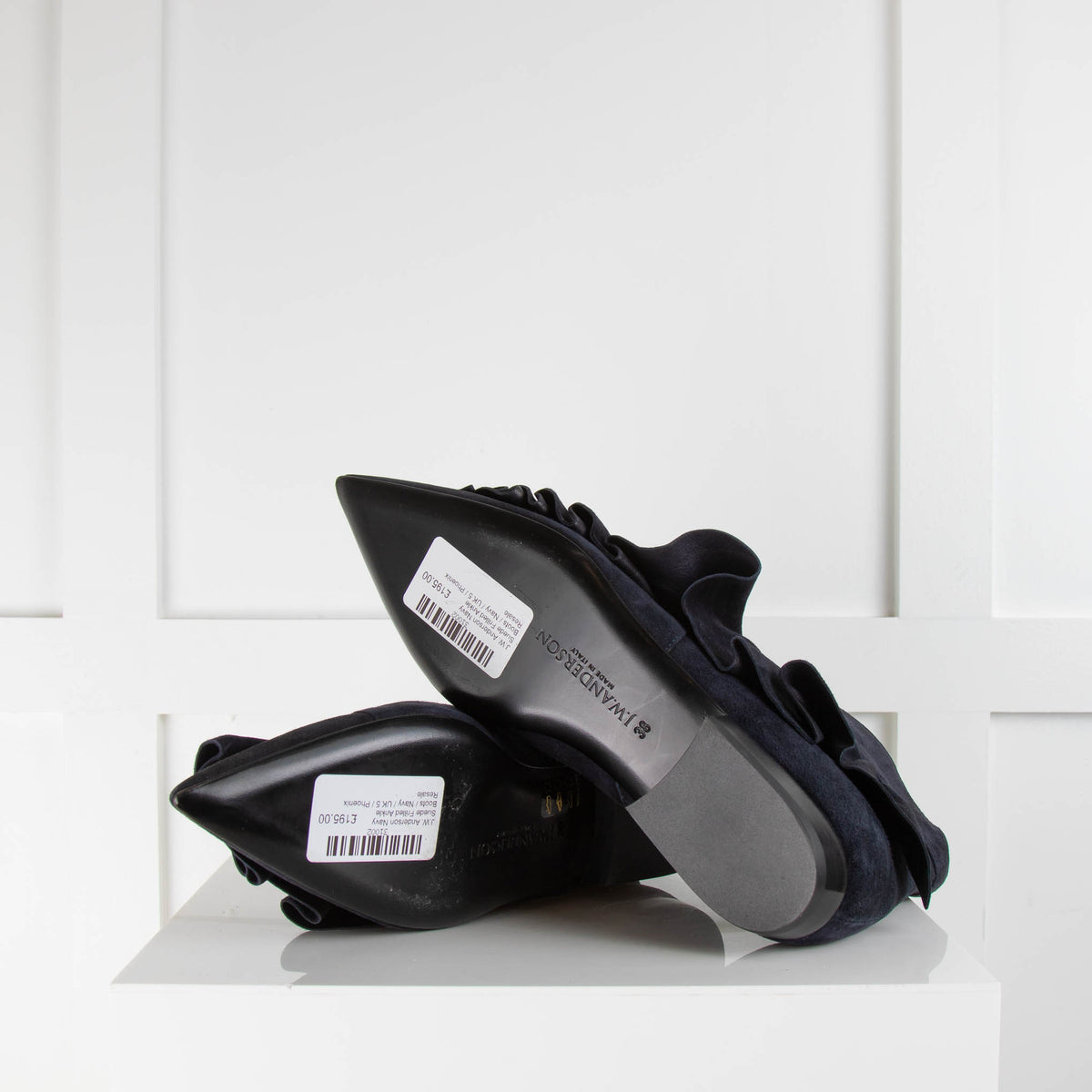 J.W. Anderson Navy Suede Frilled Ankle Boots