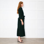 Beulah Bottle Green Corduroy Buttoned Up Belted Long Dress