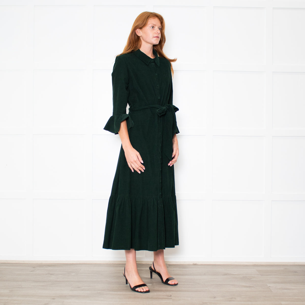 Beulah Bottle Green Corduroy Buttoned Up Belted Long Dress