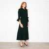 Beulah Bottle Green Corduroy Buttoned Up Belted Long Dress