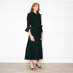 Beulah Bottle Green Corduroy Buttoned Up Belted Long Dress