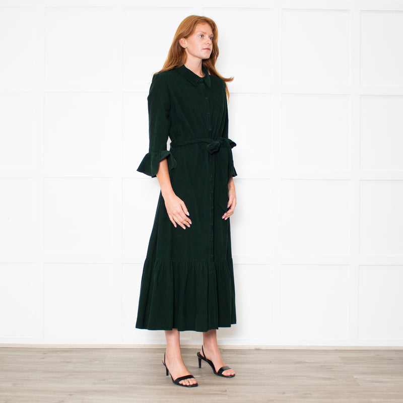 Beulah Bottle Green Corduroy Buttoned Up Belted Long Dress